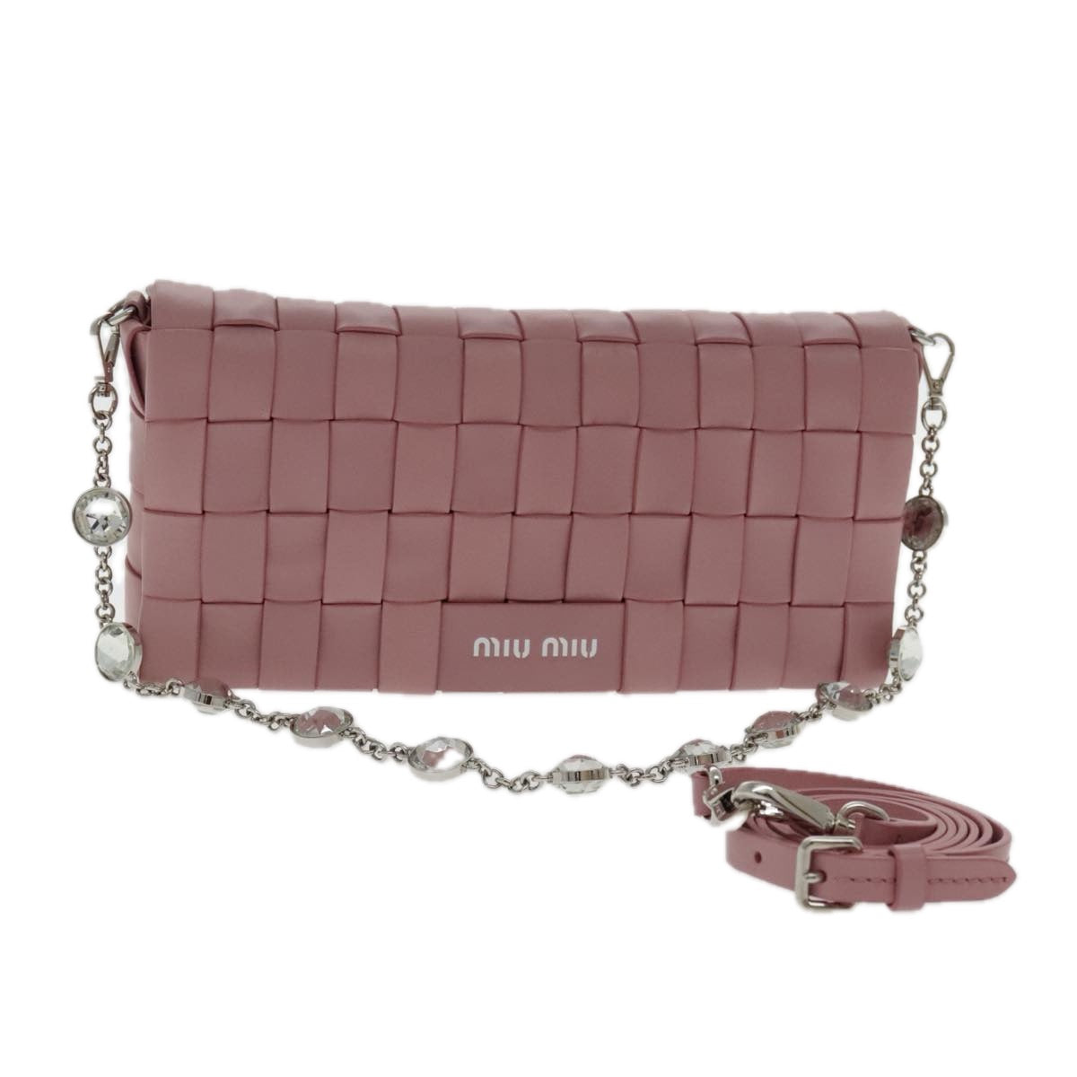 Miu Miu Shoulder Bag Leather Pink Silver 5BD177 Auth am7052A