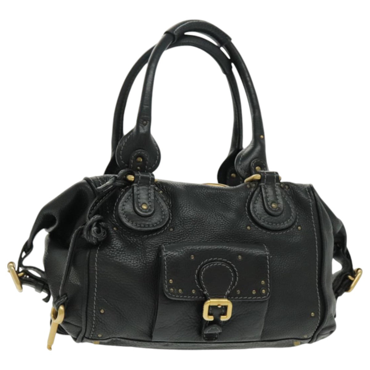 Chloe Paddington Shoulder Bag Leather Black Gold Auth am7075