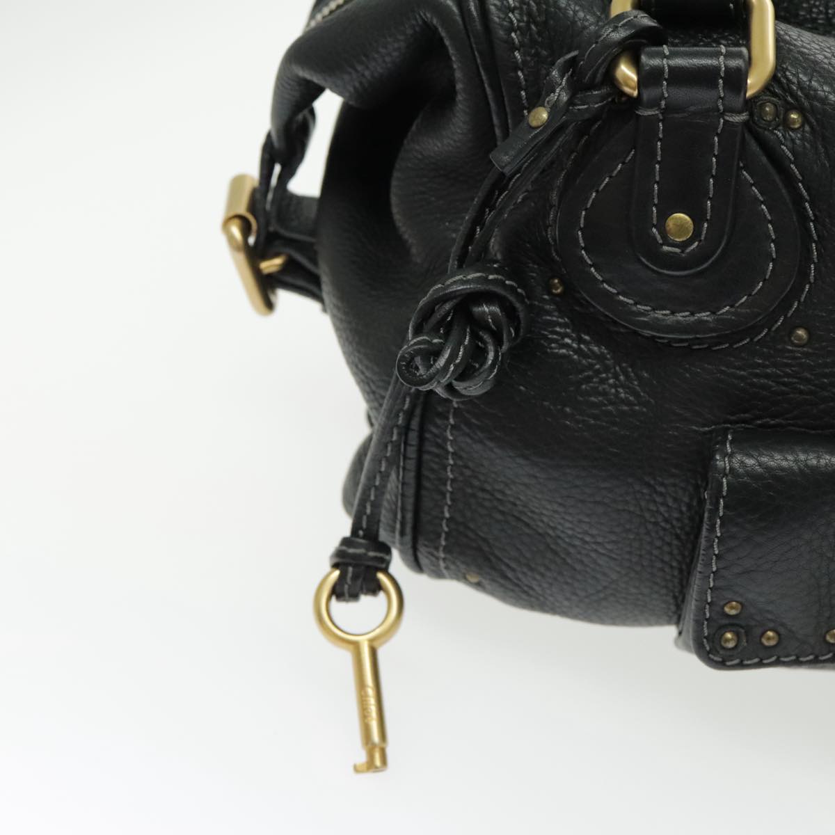 Chloe Paddington Shoulder Bag Leather Black Gold Auth am7075