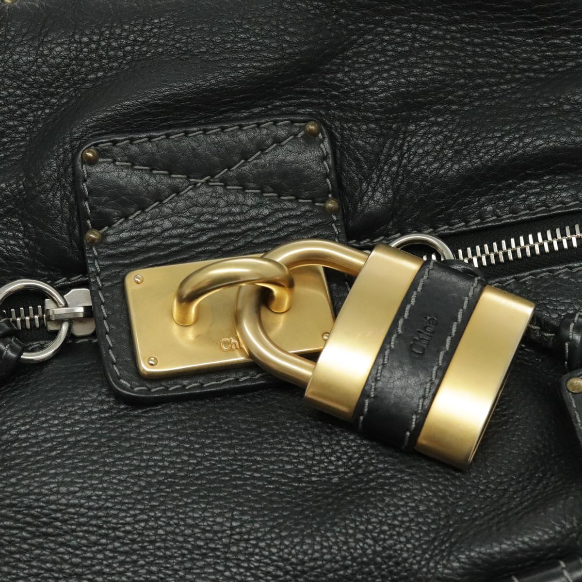 Chloe Paddington Shoulder Bag Leather Black Gold Auth am7075