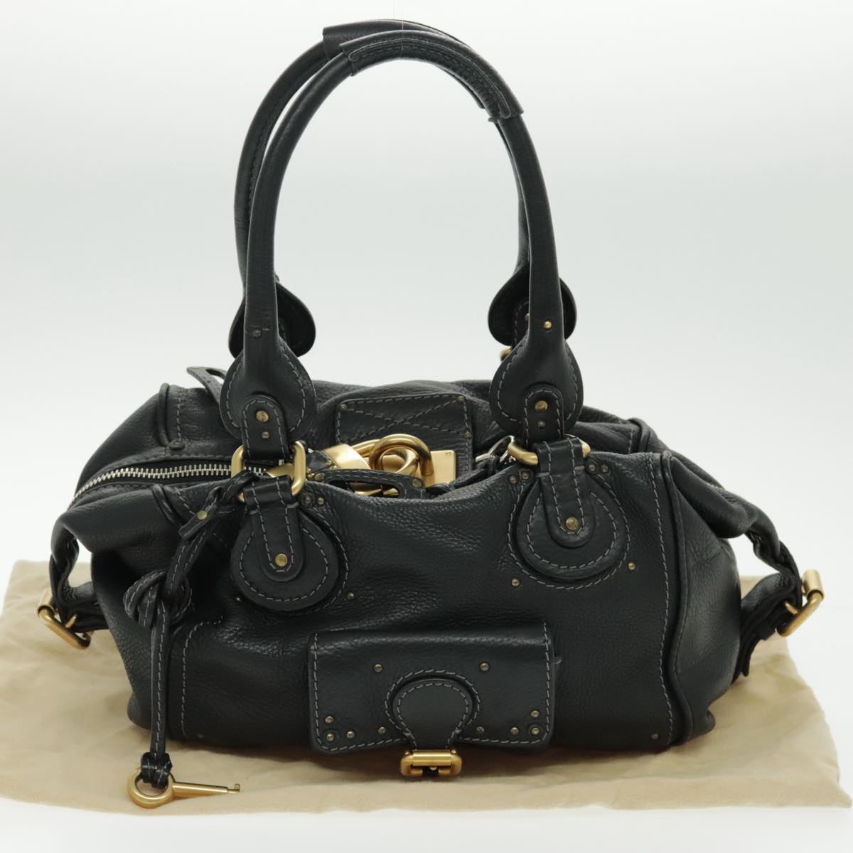 Chloe Paddington Shoulder Bag Leather Black Gold Auth am7075