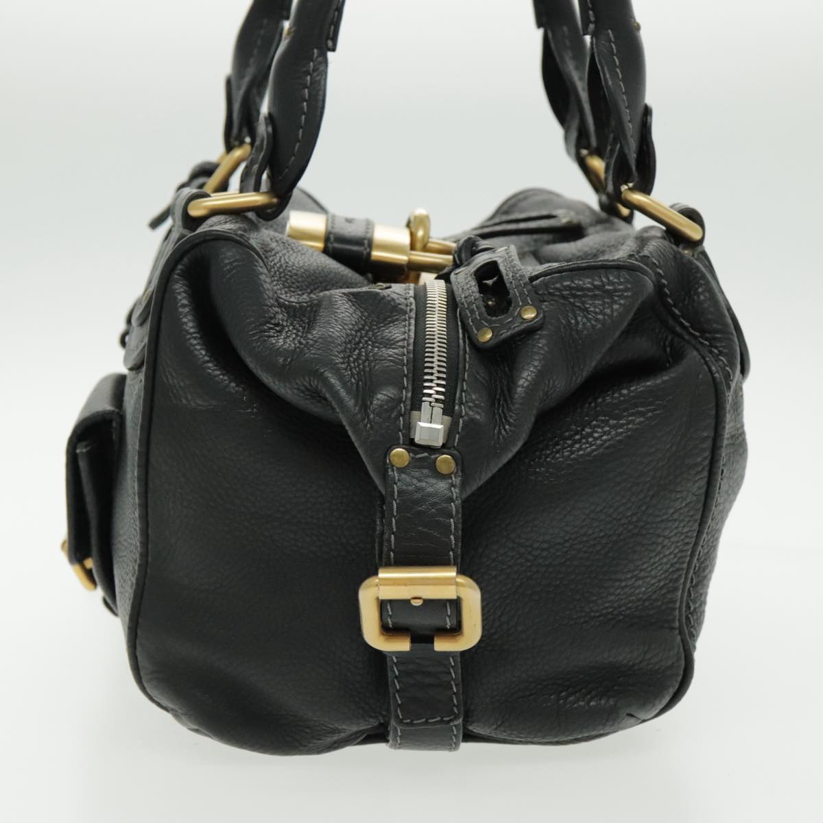 Chloe Paddington Shoulder Bag Leather Black Gold Auth am7075