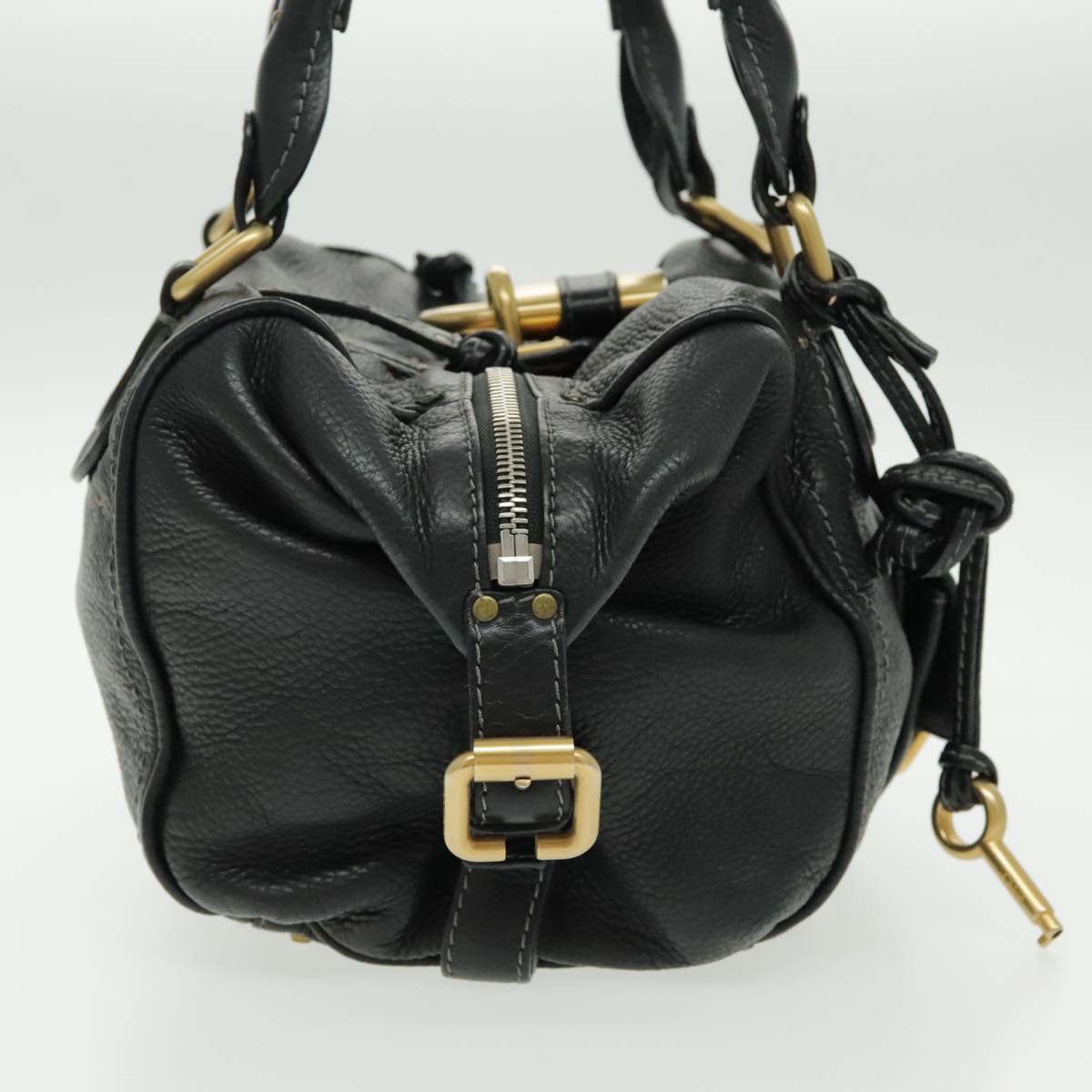 Chloe Paddington Shoulder Bag Leather Black Gold Auth am7075