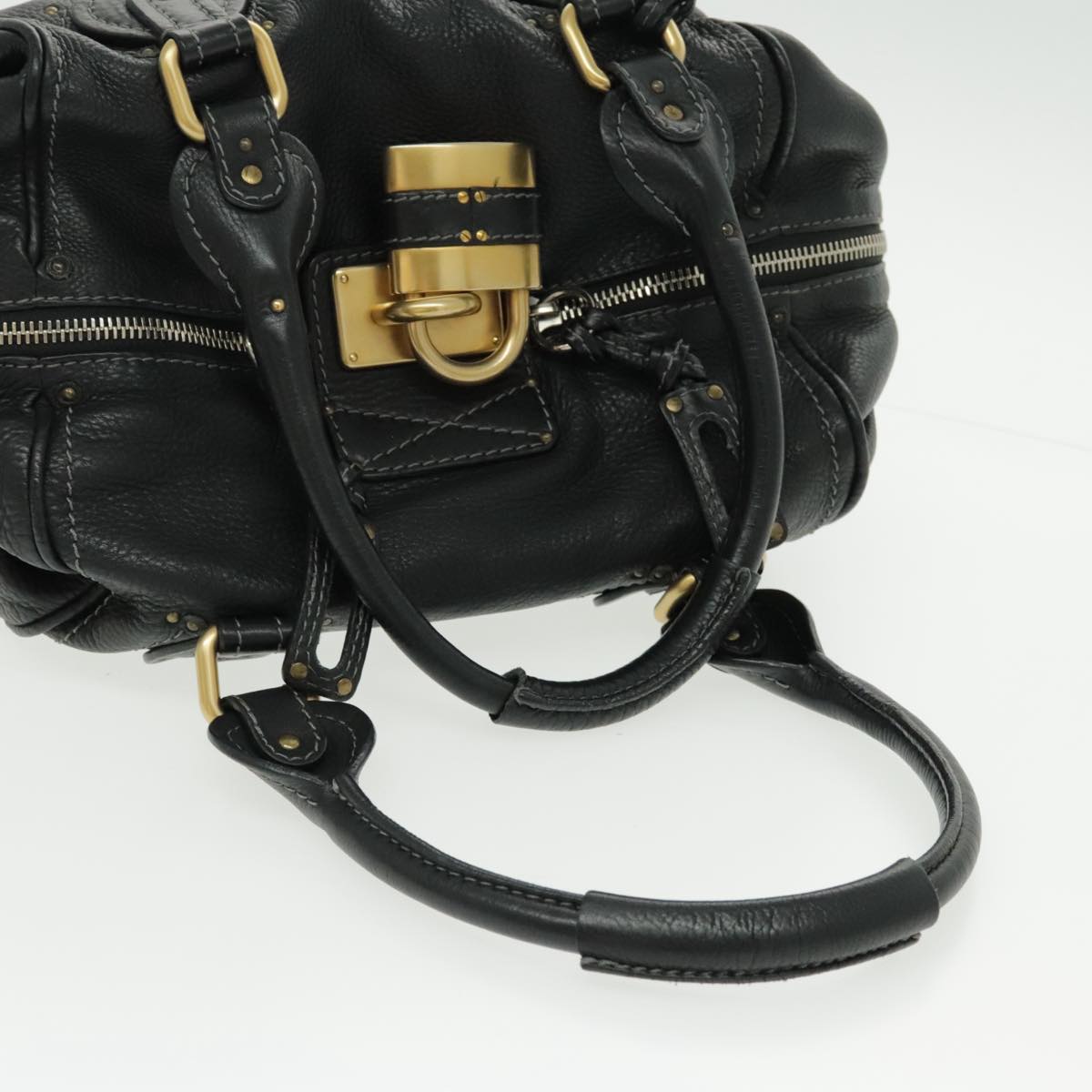 Chloe Paddington Shoulder Bag Leather Black Gold Auth am7075