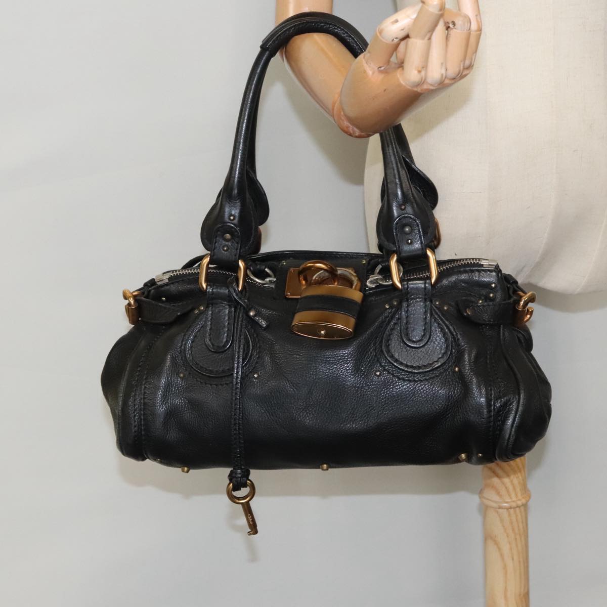 Chloe Paddington Hand Bag Leather Black Gold Auth am7083