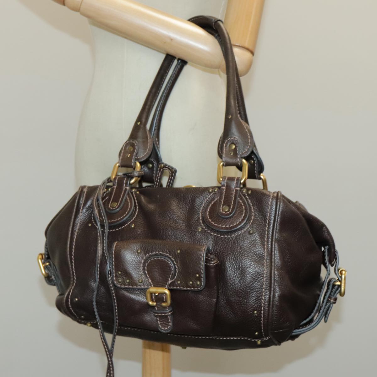 Chloe Paddington Shoulder Bag Leather Brown Gold Auth am7085