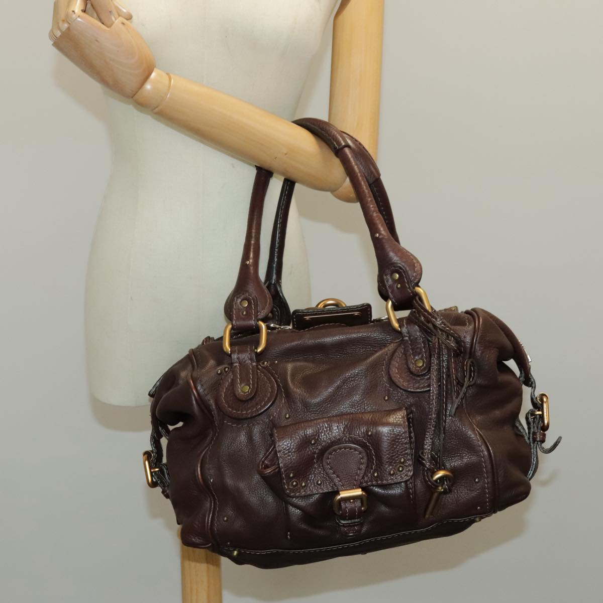 Chloe Paddington Shoulder Bag Leather Brown Gold Auth am7087