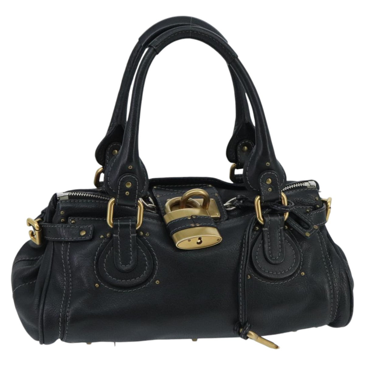 Chloe Paddington Hand Bag Leather Black Gold Silver Auth am7089