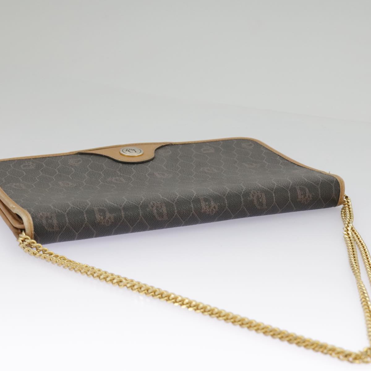 Christian Dior Honeycomb Canvas Chain Shoulder Bag PVC Gold Black Auth am7100