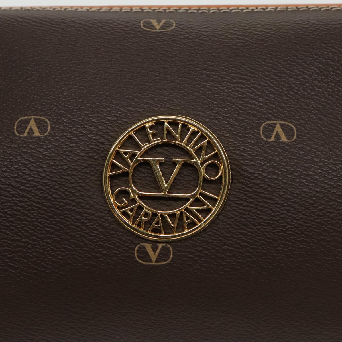 VALENTINO Pouch PVC Leather Brown Gold Auth am7110