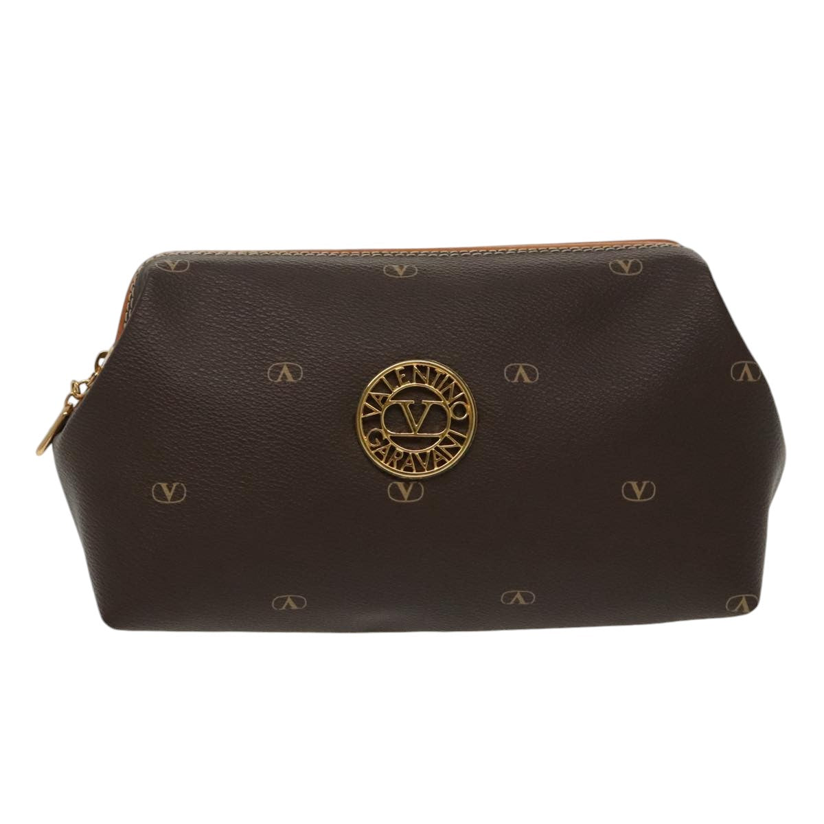 VALENTINO Pouch PVC Leather Brown Gold Auth am7110