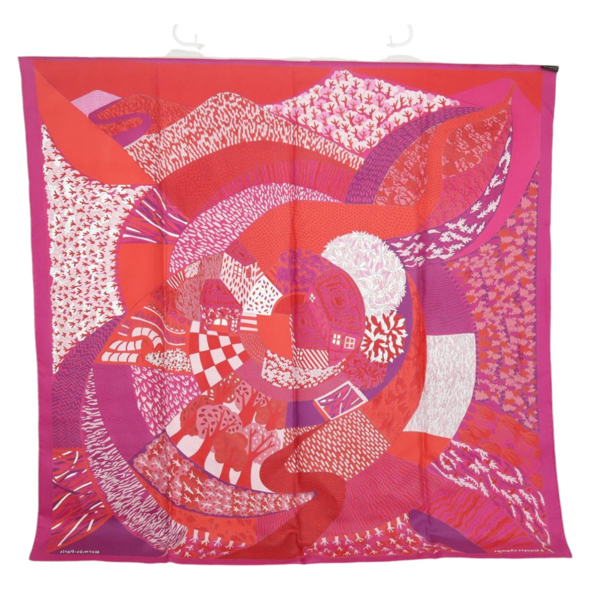 HERMES Carre 90 Scarf ""A TRAVERS CHAMPS"" Silk Red Auth am7125 - 0