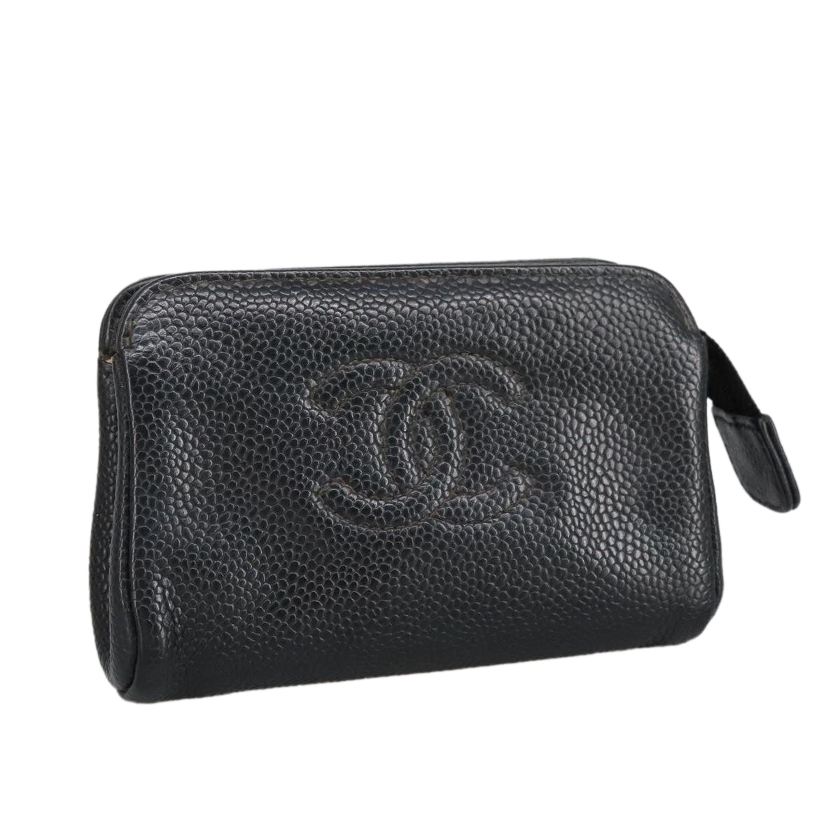 CHANEL COCO Mark Pouch Caviar Skin Black Gold CC Auth am7126