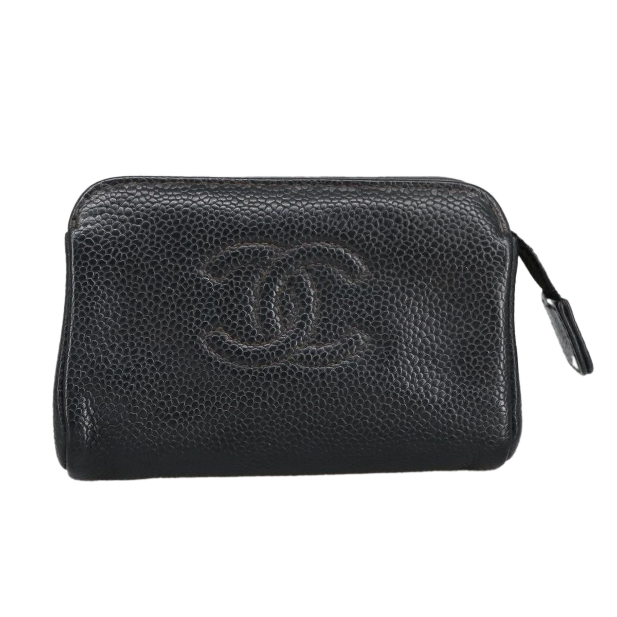 CHANEL COCO Mark Pouch Caviar Skin Black Gold CC Auth am7126 - 0