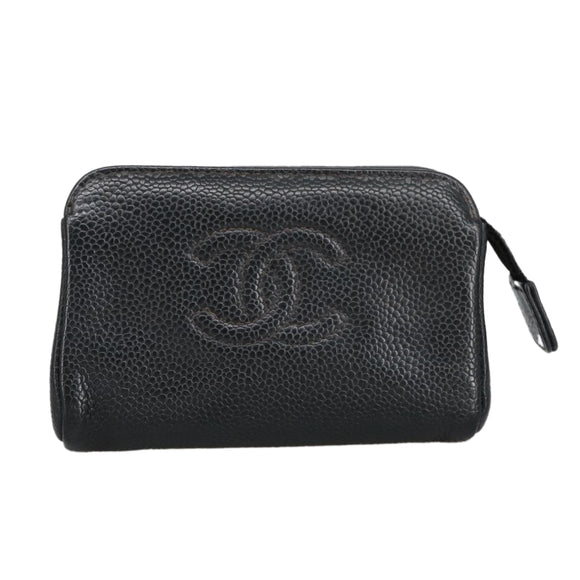 CHANEL COCO Mark Pouch Caviar Skin Black Gold CC Auth am7126
