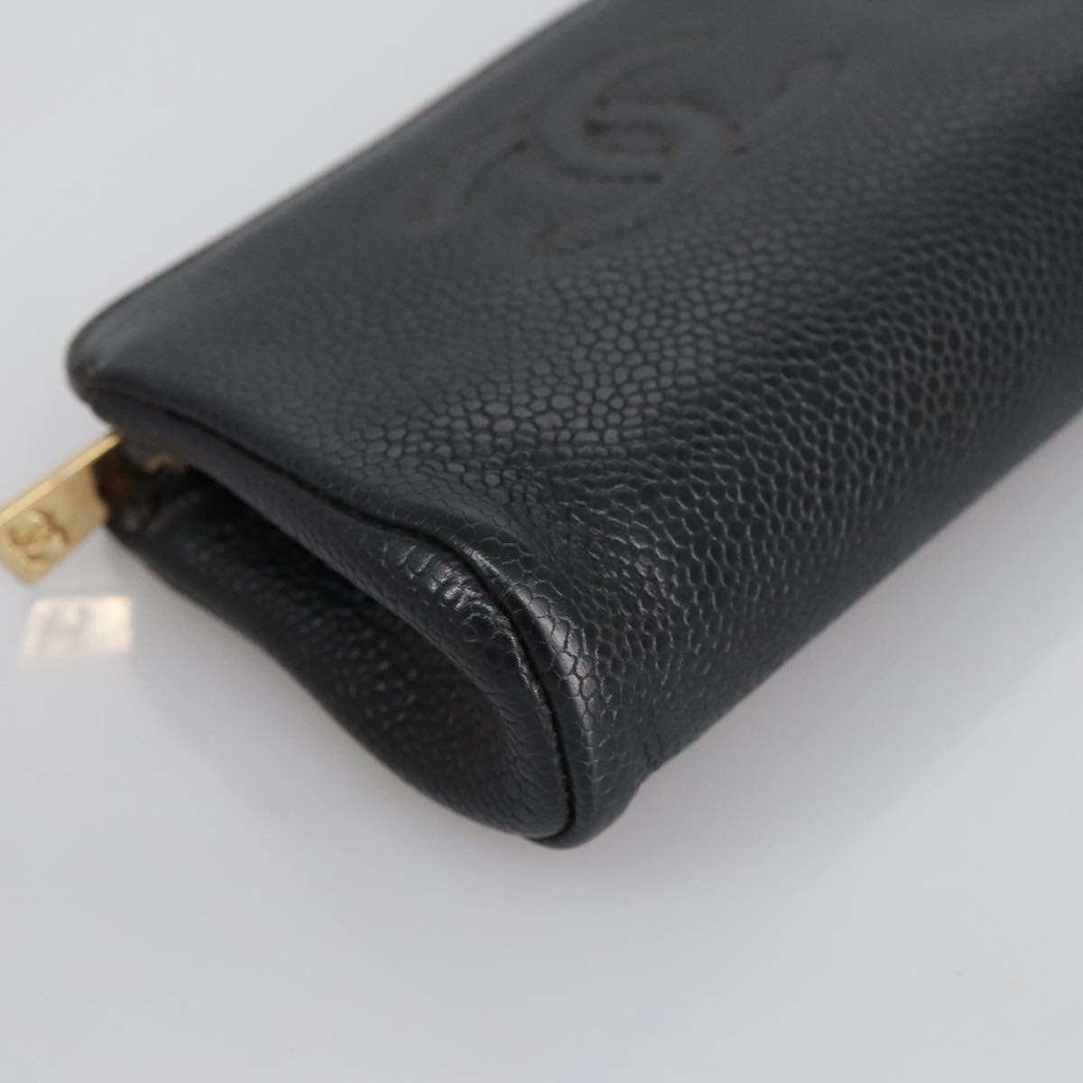 CHANEL COCO Mark Pouch Caviar Skin Black Gold CC Auth am7126