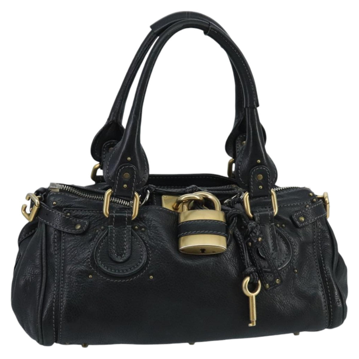 Chloe Paddington Hand Bag Leather Black Gold Silver Auth am7141