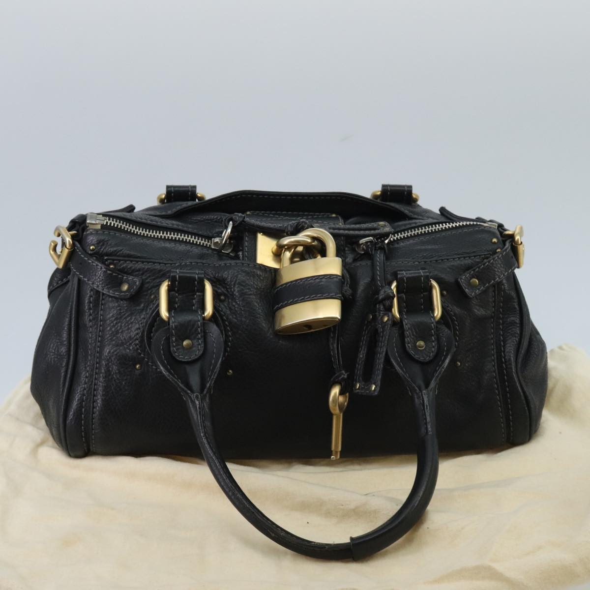 Chloe Paddington Hand Bag Leather Black Gold Silver Auth am7141