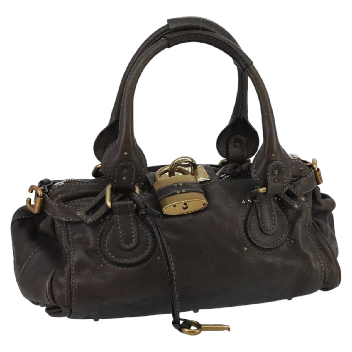 Chloe Paddington Hand Bag Leather Brown Gold Silver Auth am7143