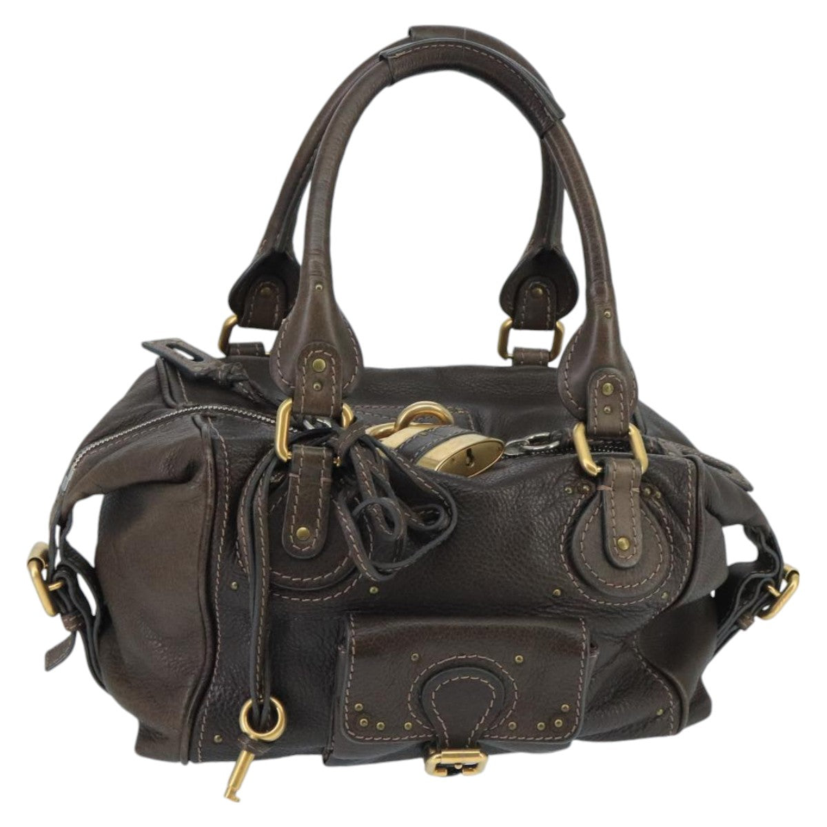 Chloe Paddington Hand Bag Leather Brown Gold Silver Auth am7144