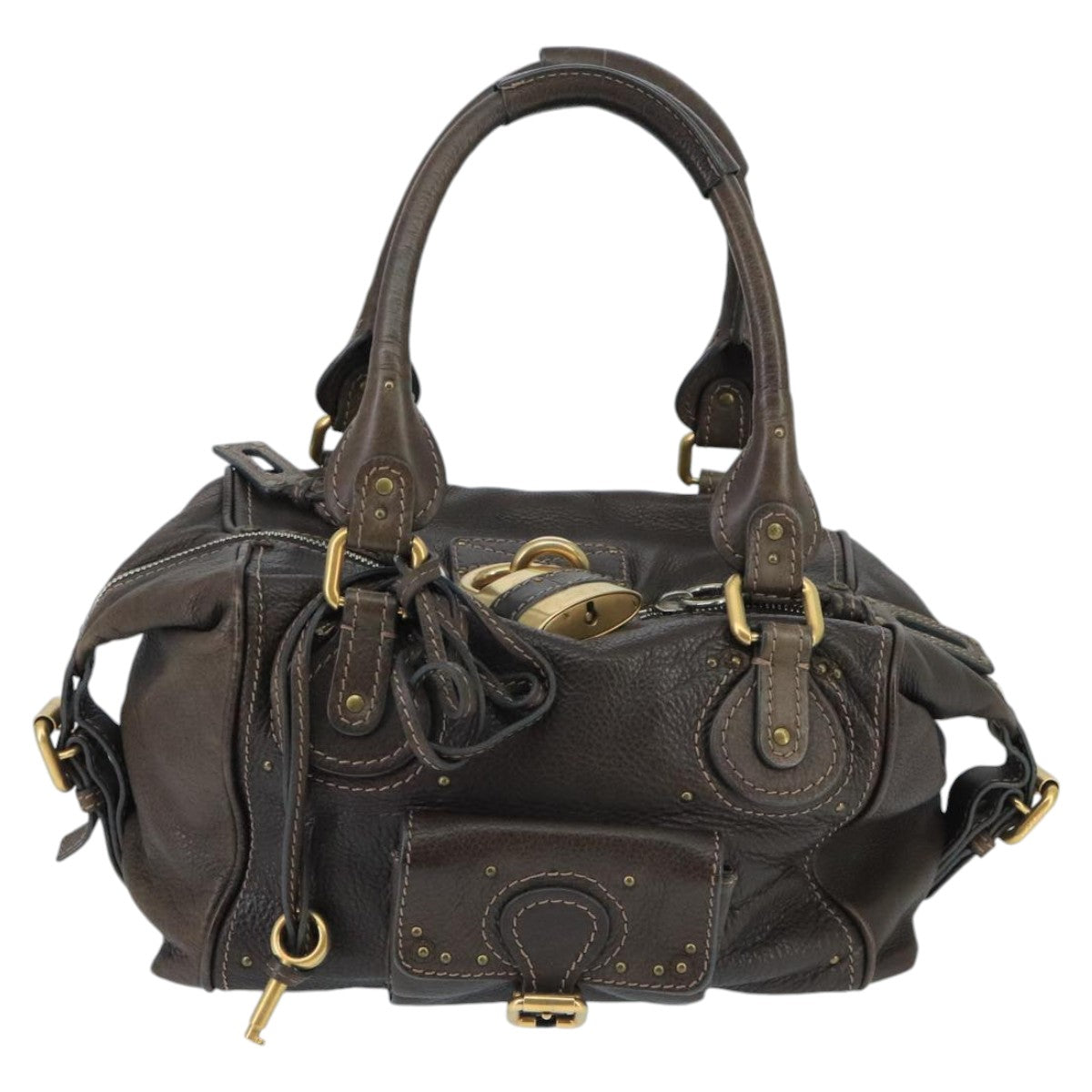 Chloe Paddington Hand Bag Leather Brown Gold Silver Auth am7144