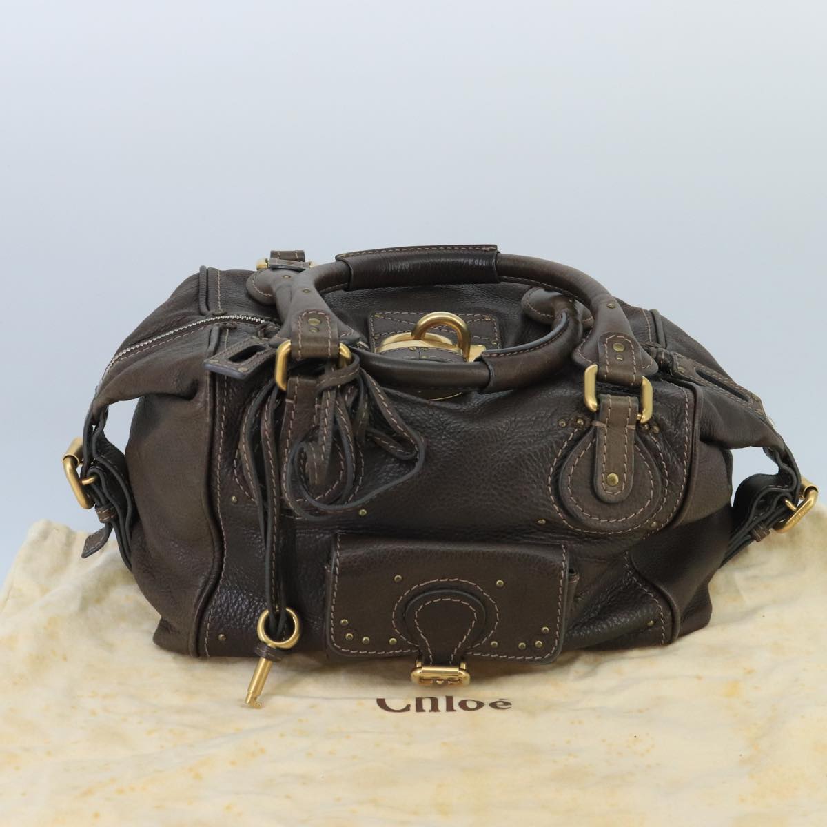 Chloe Paddington Hand Bag Leather Brown Gold Silver Auth am7144