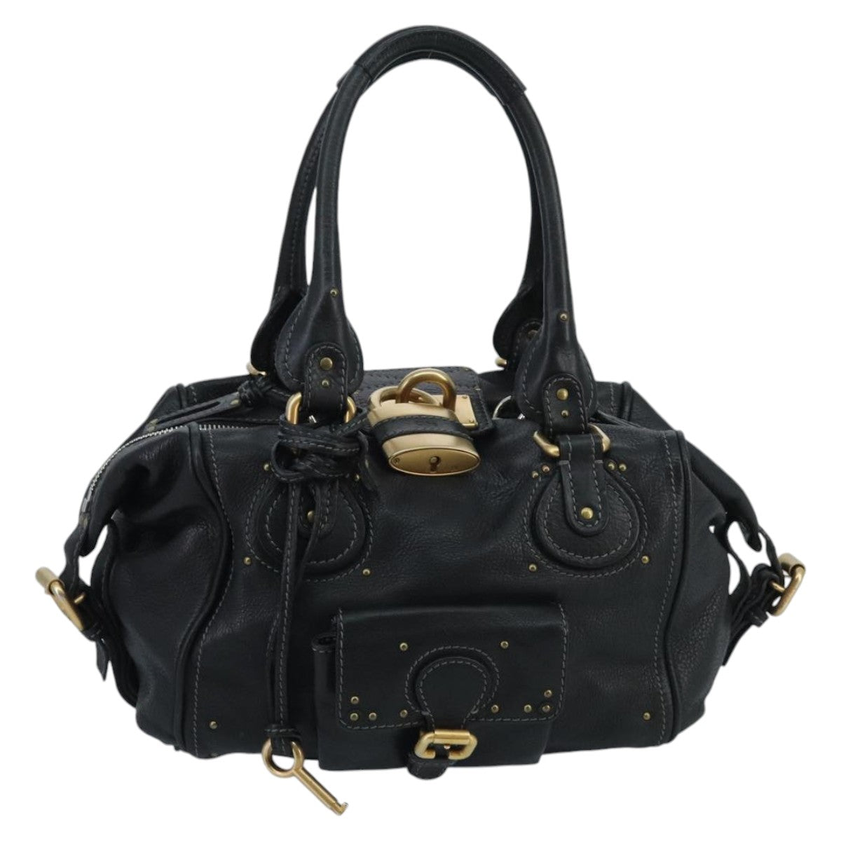 Chloe Paddington Hand Bag Leather Black Gold Silver Auth am7153