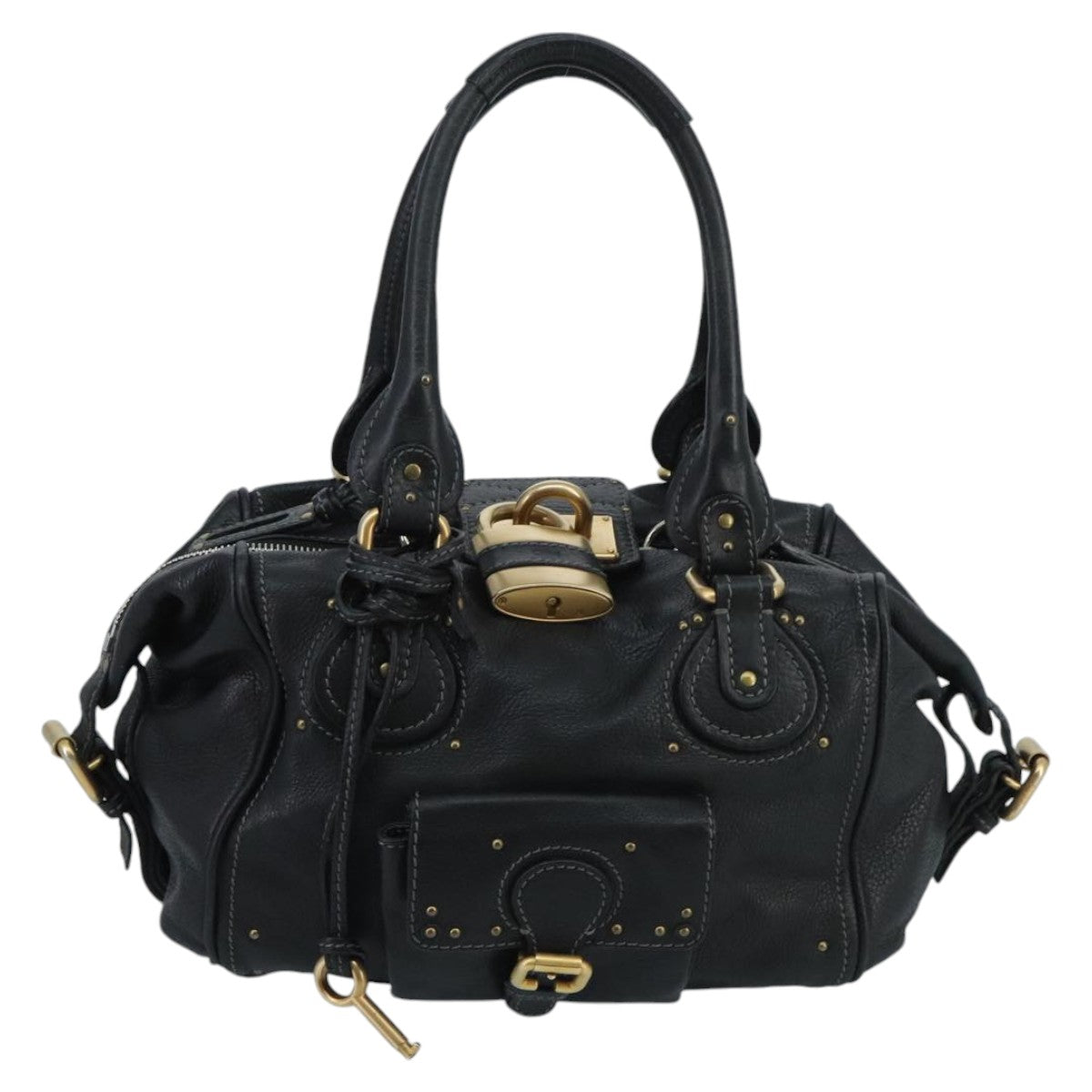 Chloe Paddington Hand Bag Leather Black Gold Silver Auth am7153