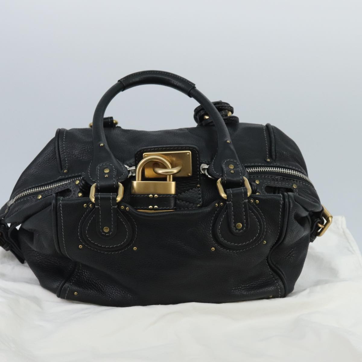 Chloe Paddington Hand Bag Leather Black Gold Silver Auth am7153