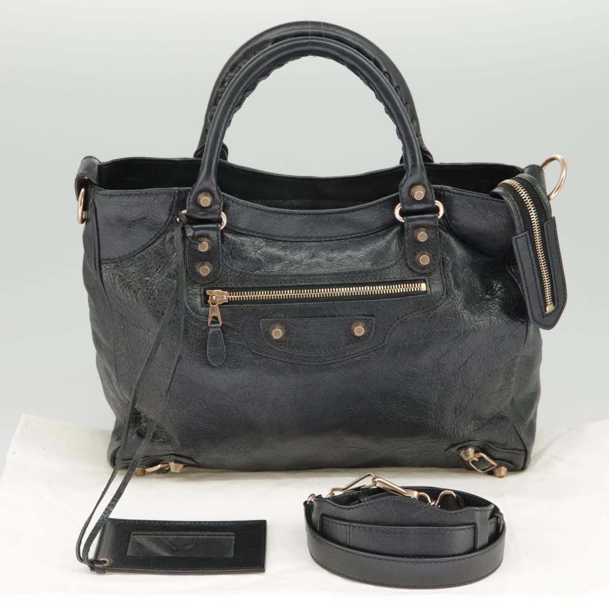 BOTTEGA VENETA The Giantvelo Hand Bag Leather 2way Black Gold Auth am7154