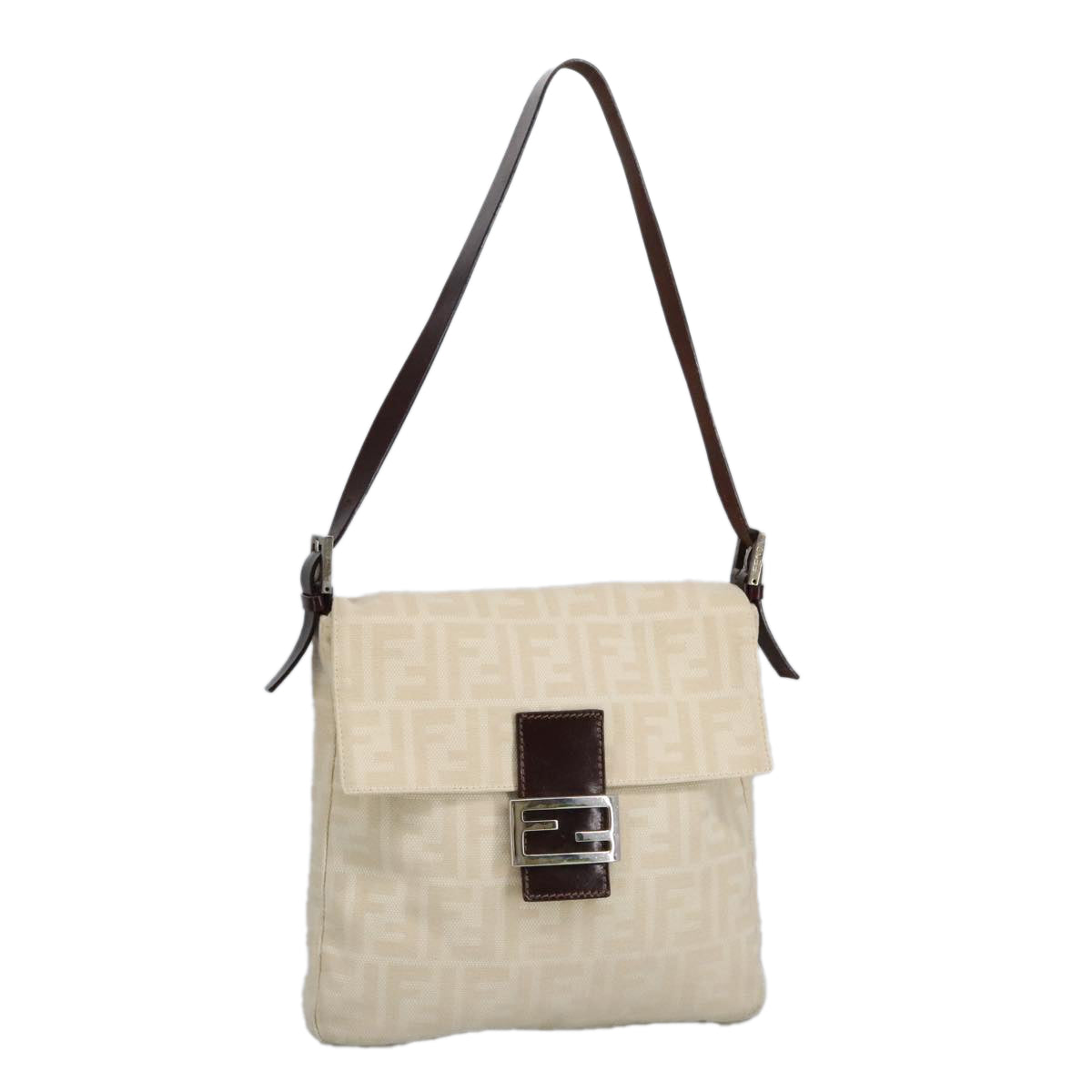 FENDI Zucca Canvas Mamma Baguette Shoulder Bag Beige Silver Auth am7156