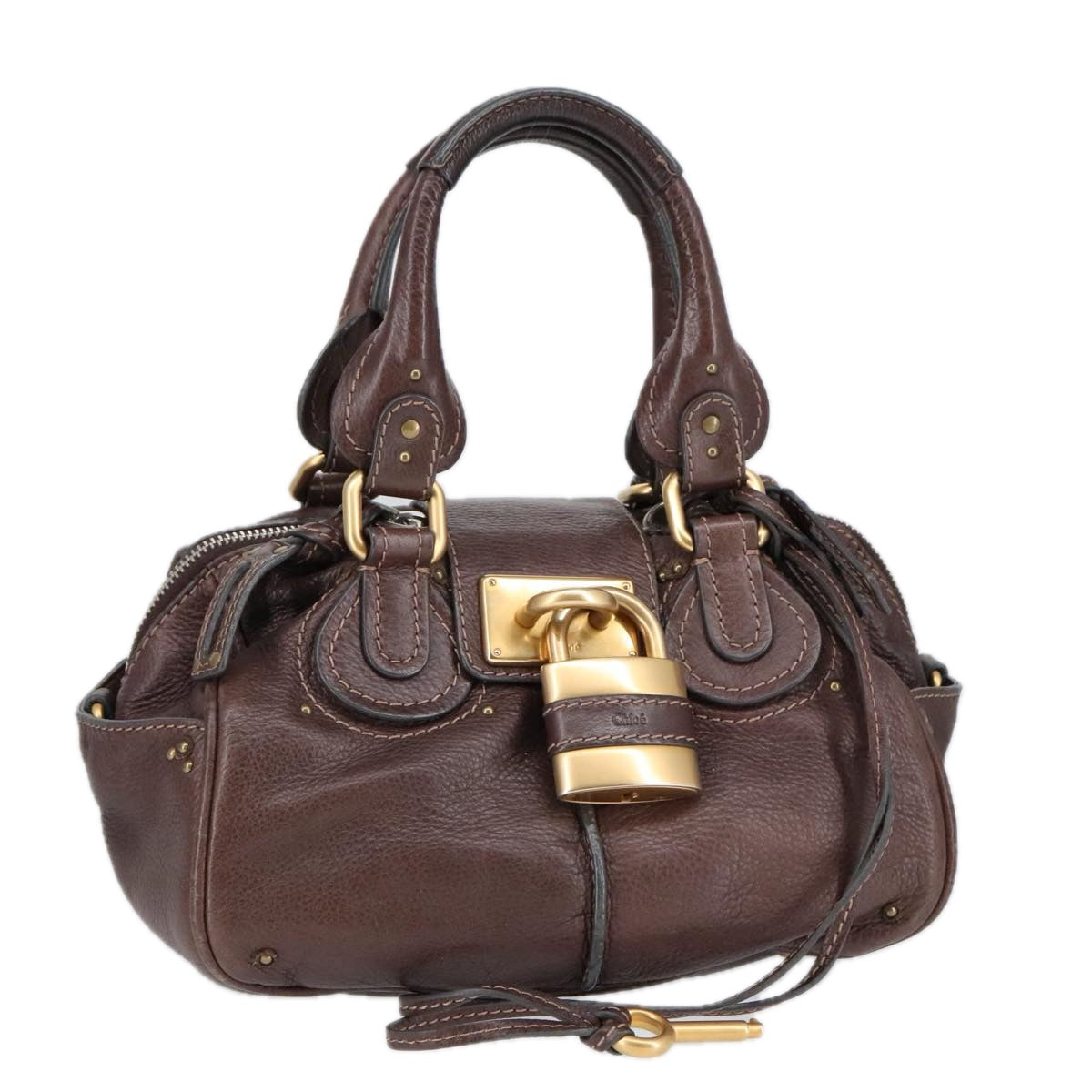 Chloe Paddington Hand Bag Leather Brown Gold Silver Auth am7160