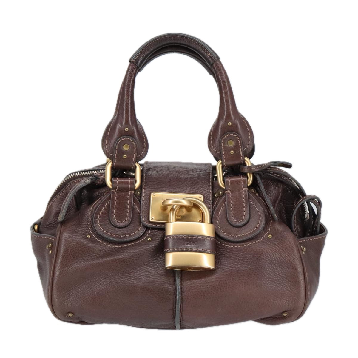 Chloe Paddington Hand Bag Leather Brown Gold Silver Auth am7160