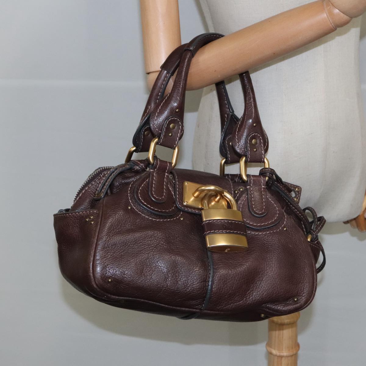 Chloe Paddington Hand Bag Leather Brown Gold Silver Auth am7160