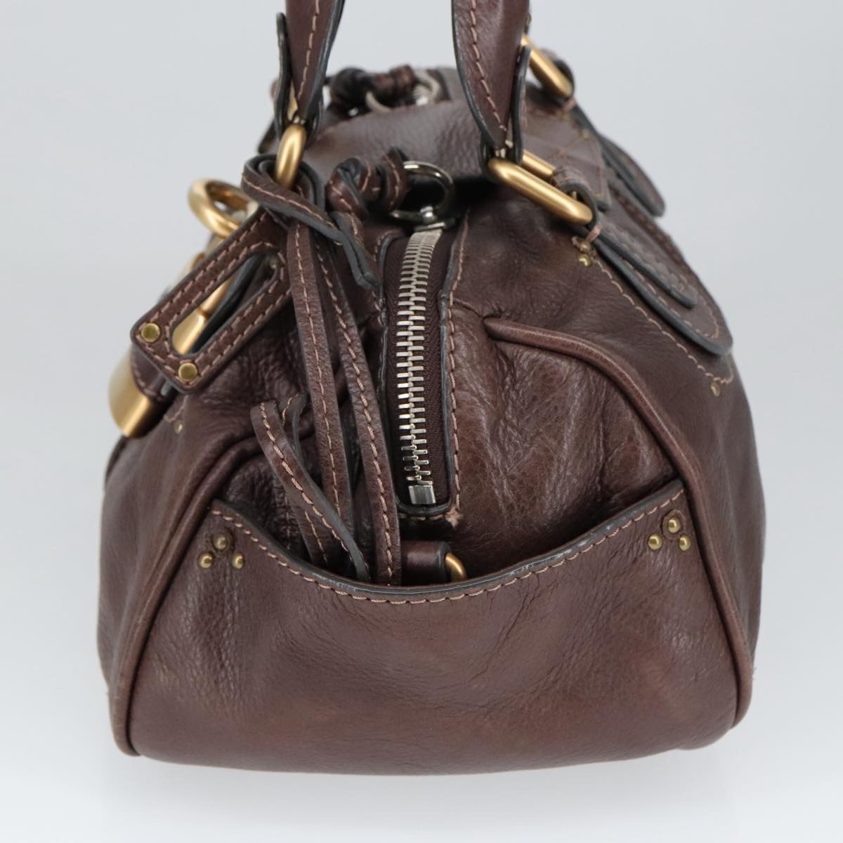 Chloe Paddington Hand Bag Leather Brown Gold Silver Auth am7160