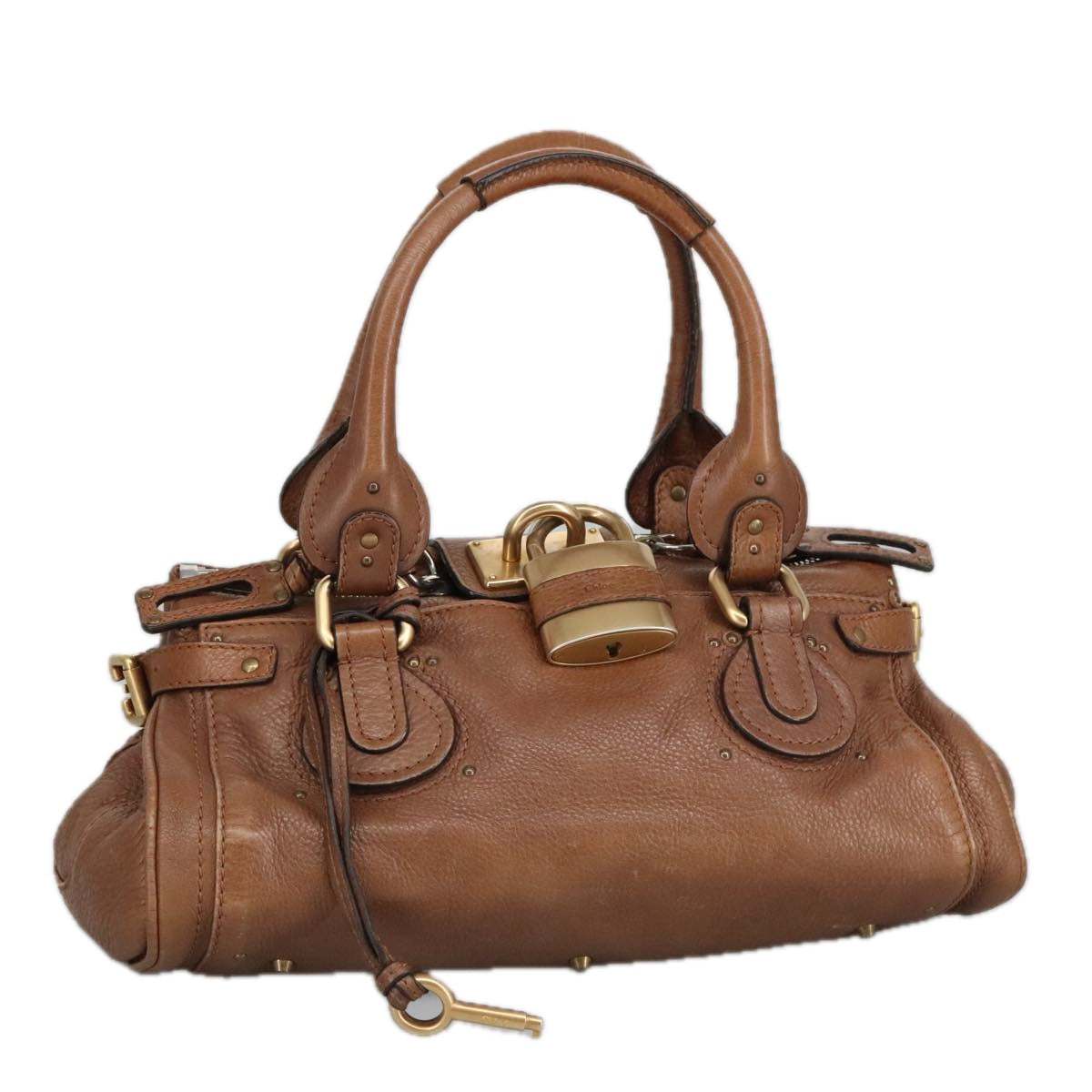 Chloe Paddington Hand Bag Leather Brown Gold Silver Auth am7161