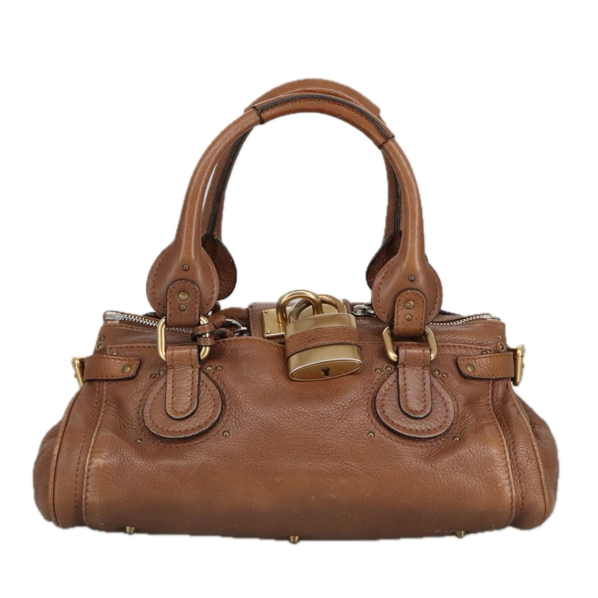 Chloe Paddington Hand Bag Leather Brown Gold Silver Auth am7161