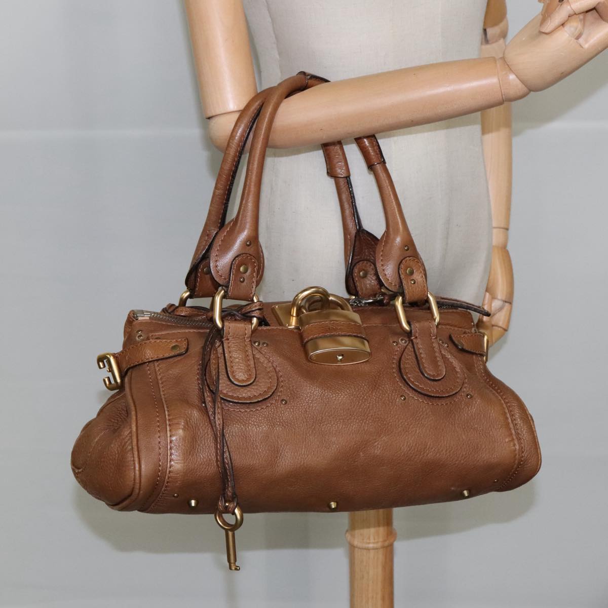 Chloe Paddington Hand Bag Leather Brown Gold Silver Auth am7161