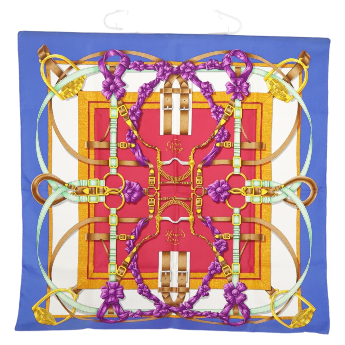 HERMES Carre 90 Scarf ""Grand Manege"" Silk Red Blue Auth am7162