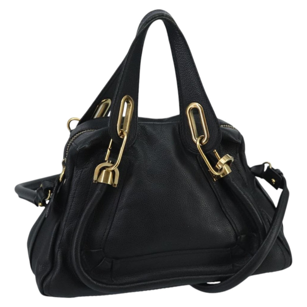 Chloe Paraty Hand Bag Leather 2way Black Gold Auth am7170