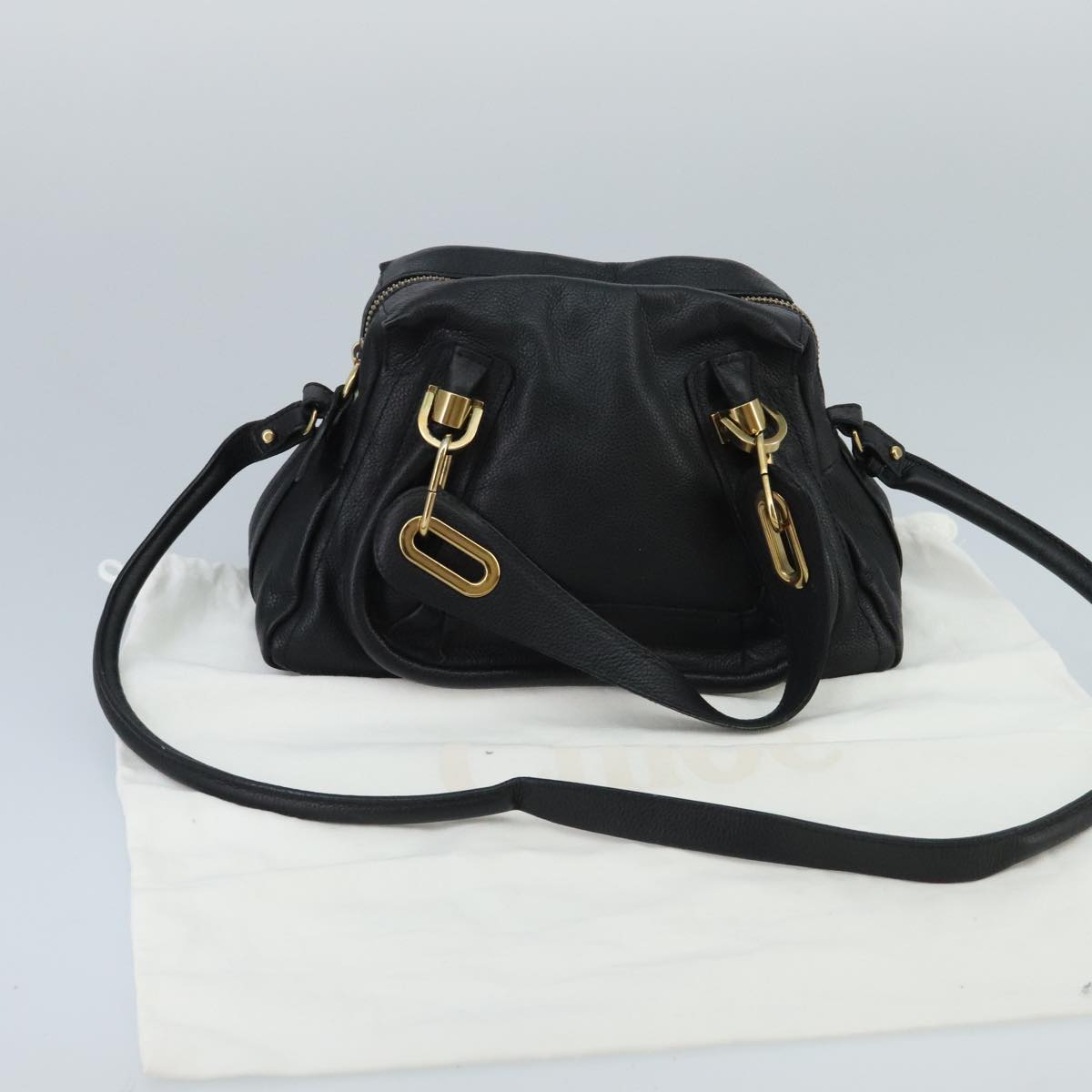 Chloe Paraty Hand Bag Leather 2way Black Gold Auth am7170