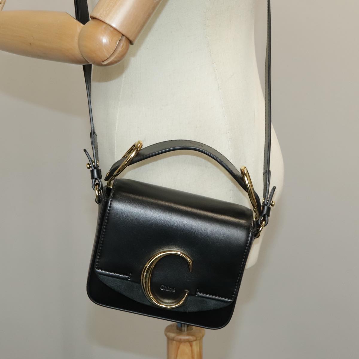 Chloe Mini Hand Bag Leather 2way Black Gold Auth am7172