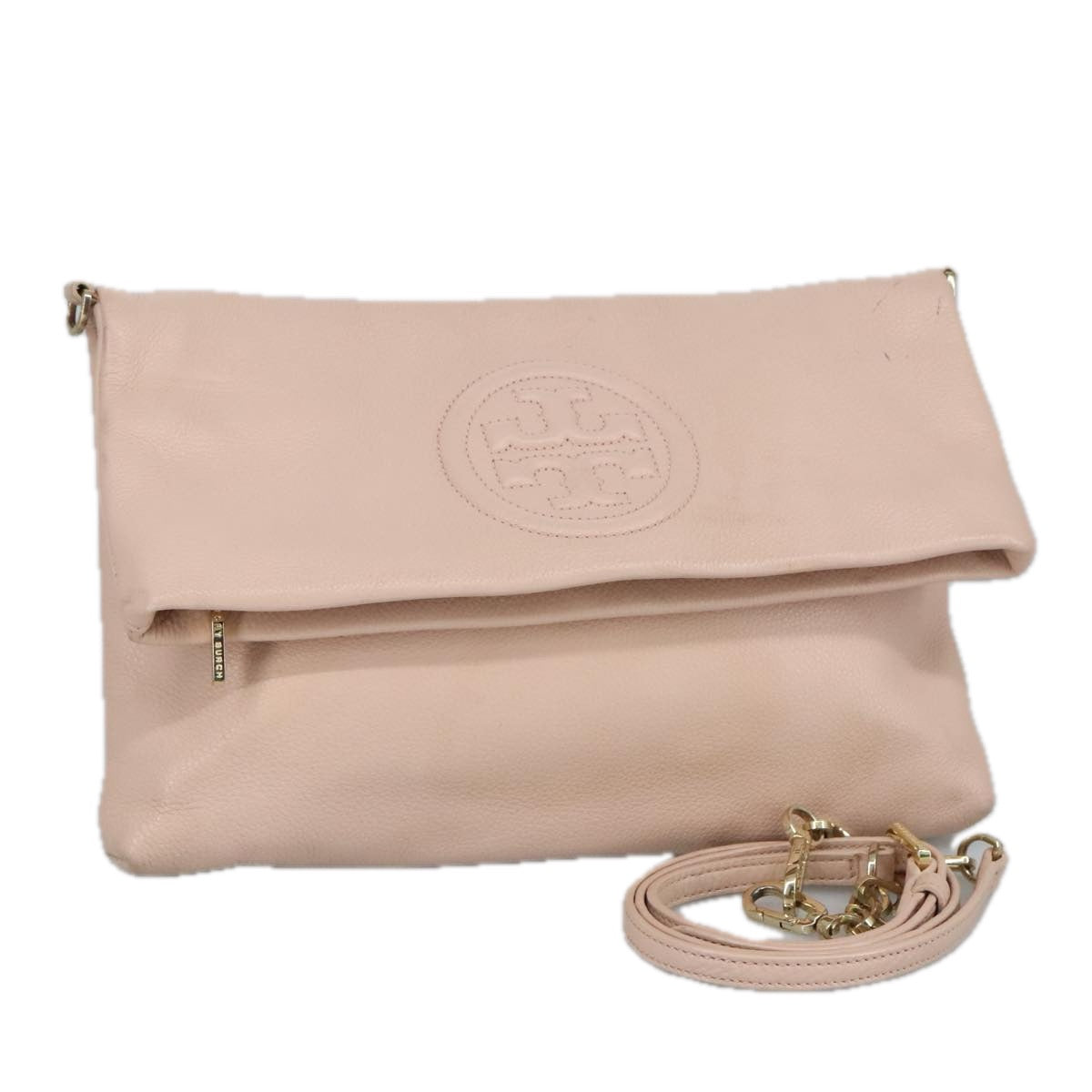 TORY BURCH Shoulder Bag Leather Pink Gold Auth am7175