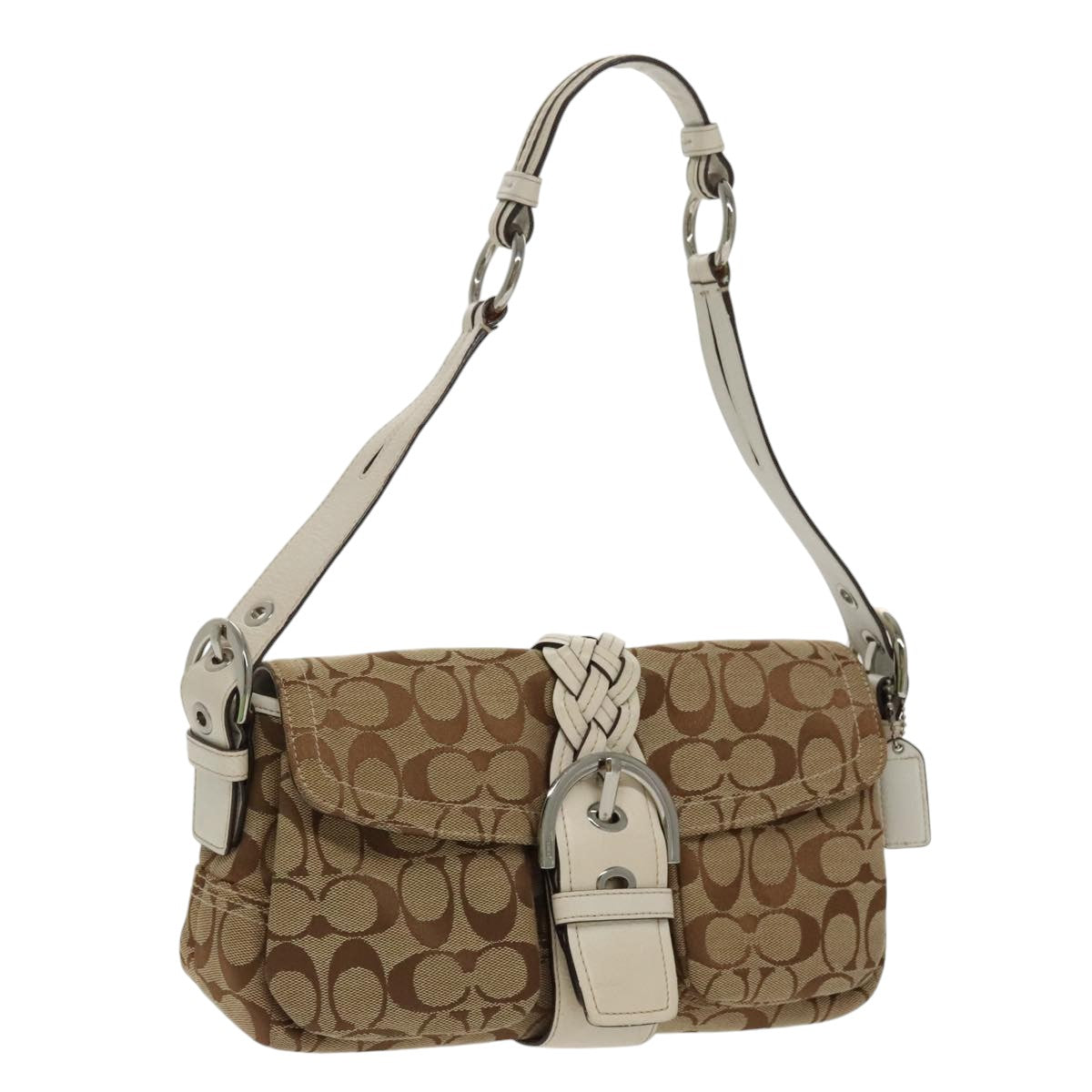 Coach Signature Shoulder Bag Canvas Beige Silver Auth am7176