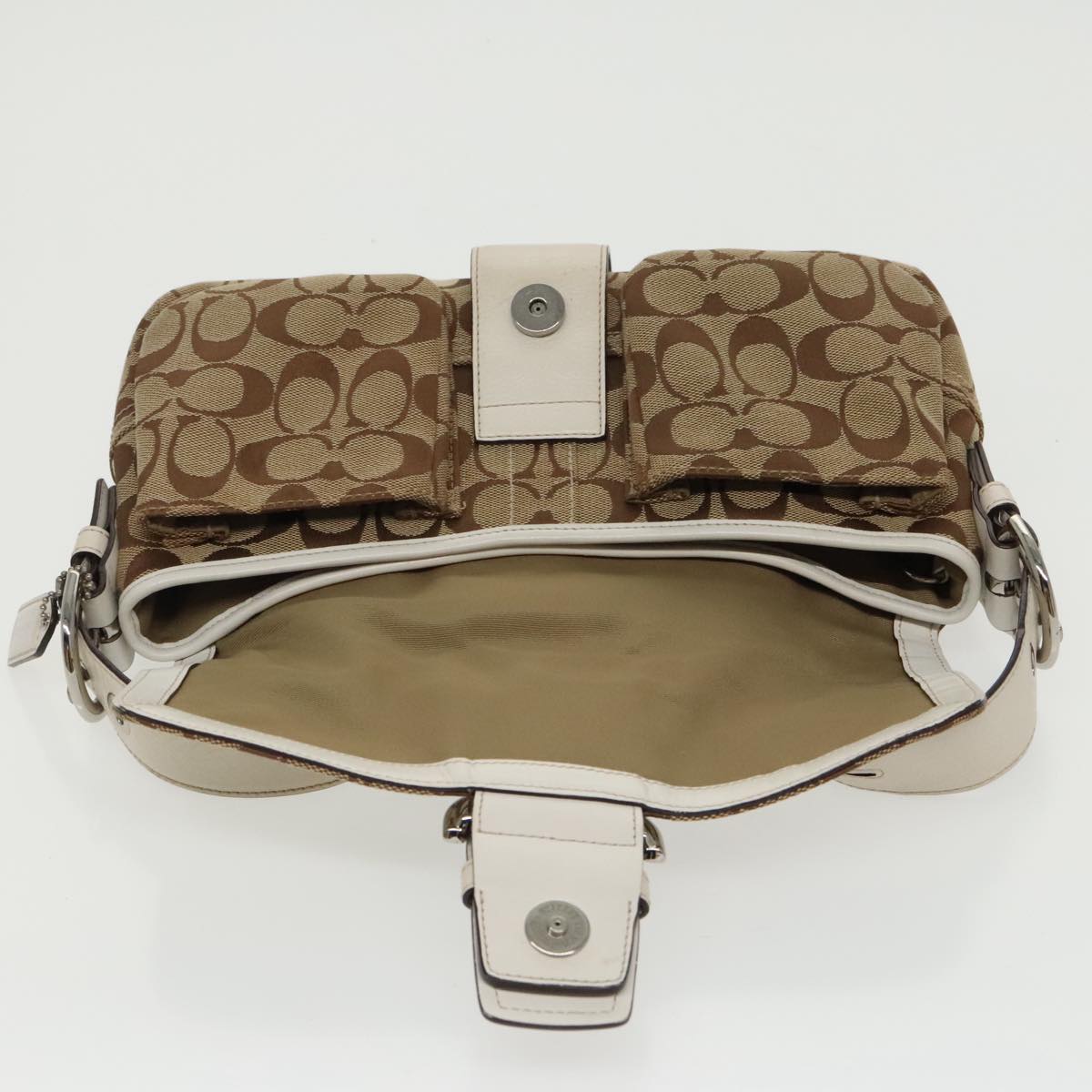 Coach Signature Shoulder Bag Canvas Beige Silver Auth am7176