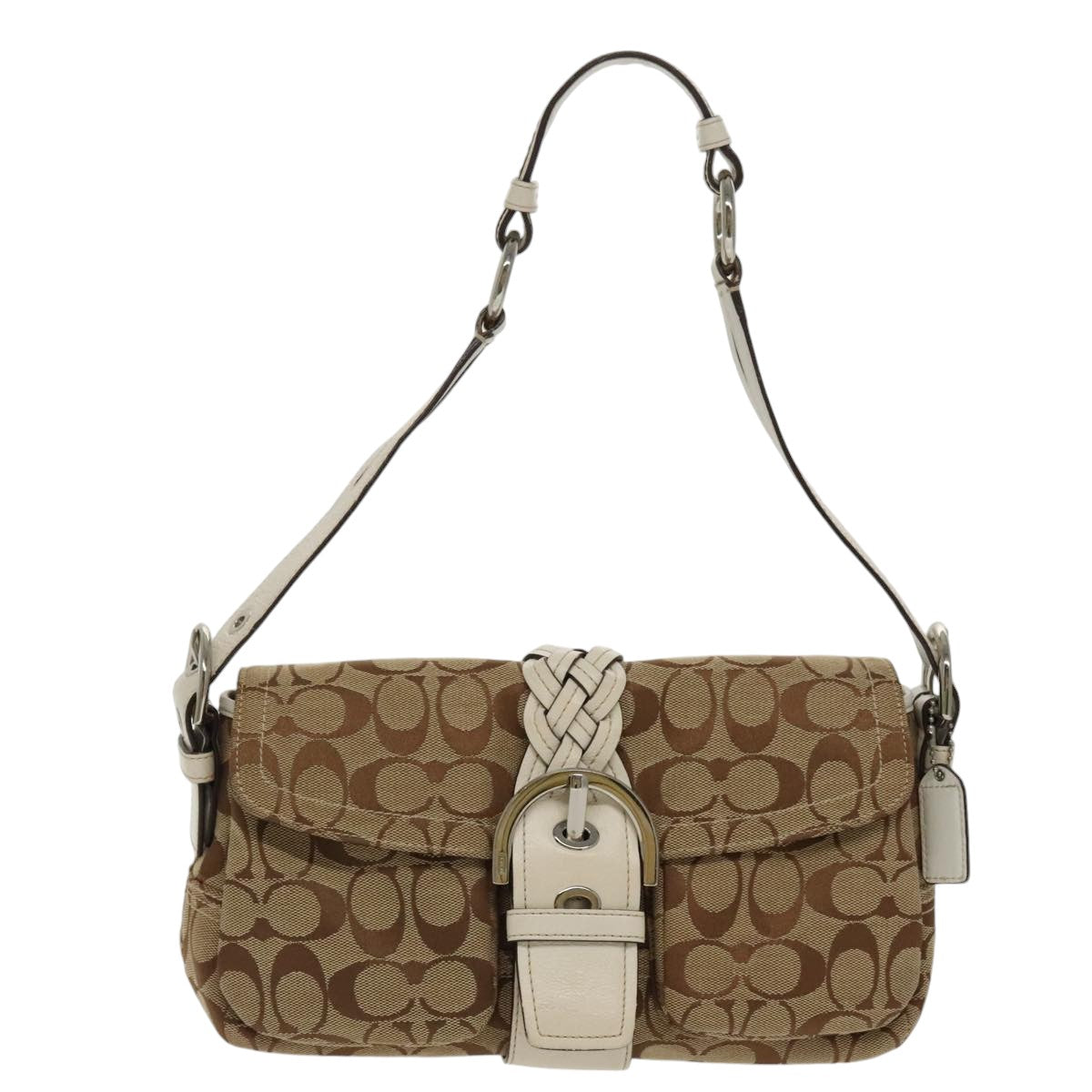 Coach Signature Shoulder Bag Canvas Beige Silver Auth am7176