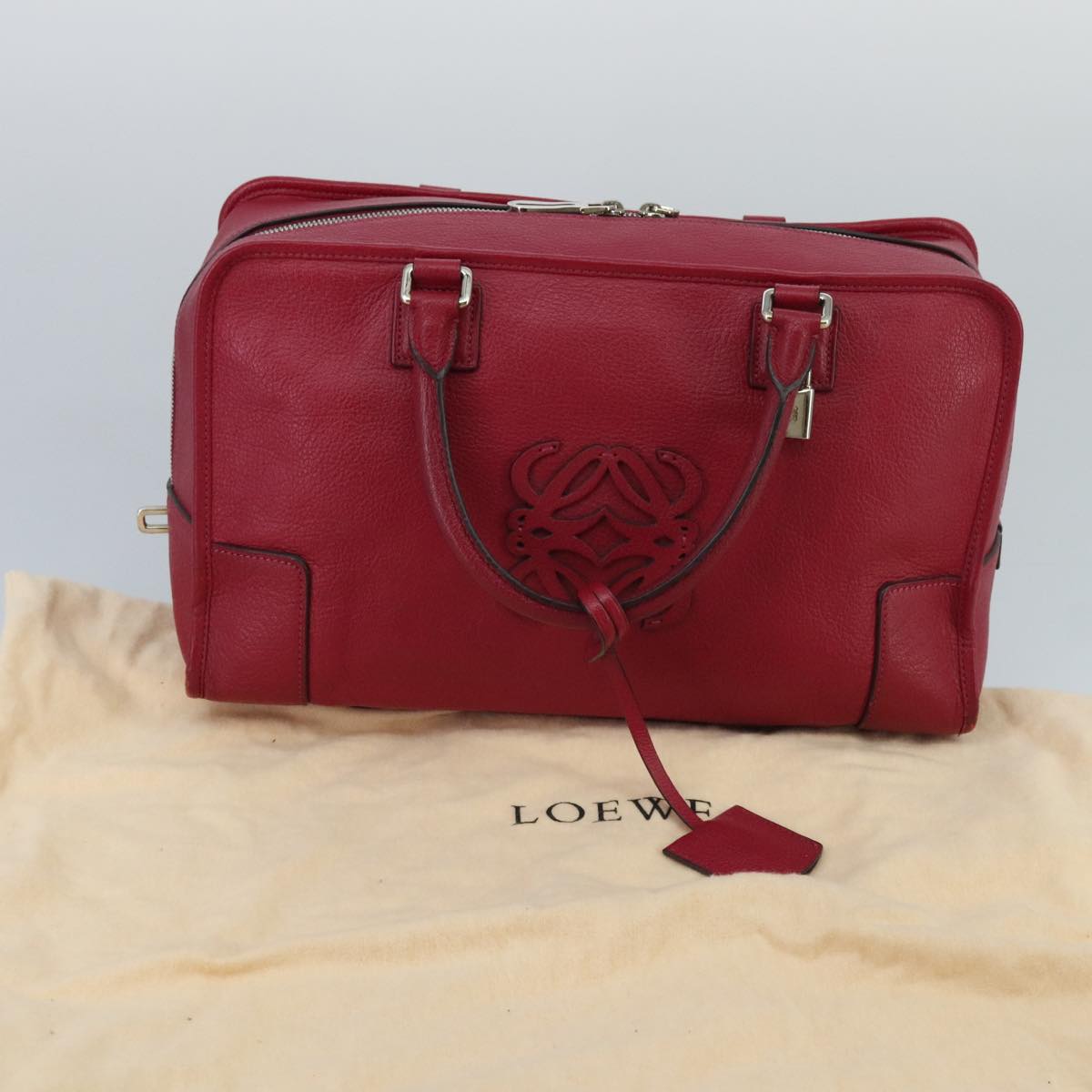 LOEWE Anagram Amazona 36 Hand Bag Leather Red Silver Auth am7195