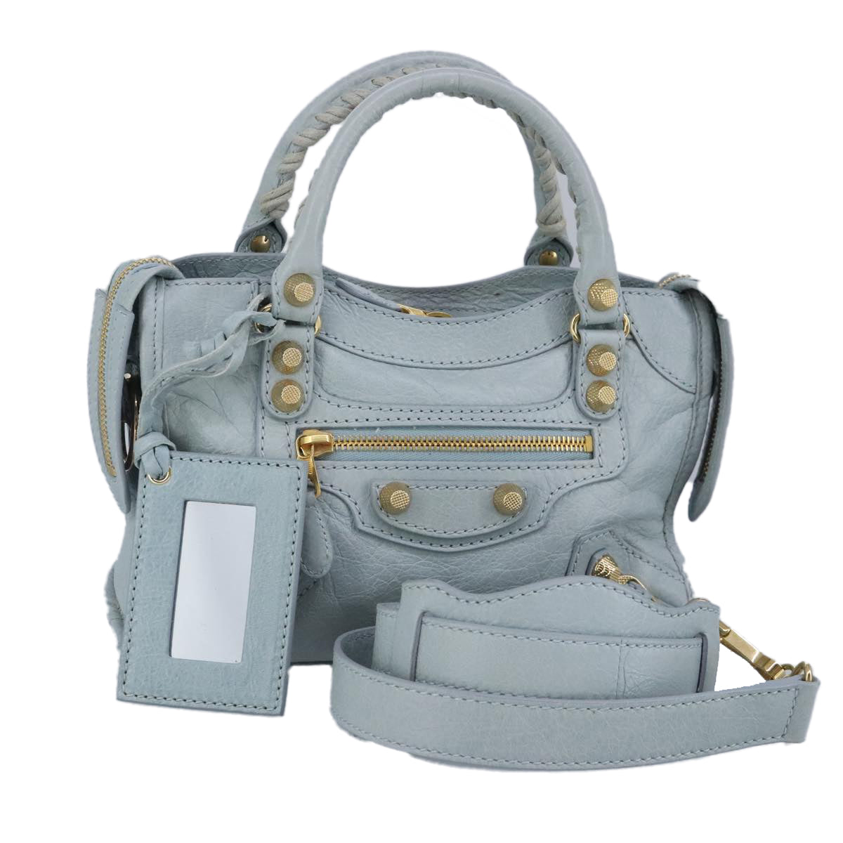 BALENCIAGA Giant Mini City Bag Leather 2way Light Blue Gold 309544 Auth am7196