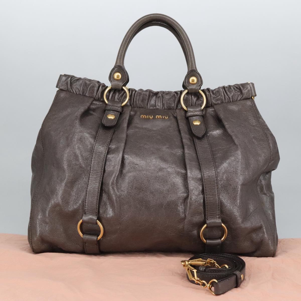 Miu Miu Tote Bag Leather 2way Gray Gold Auth am7203