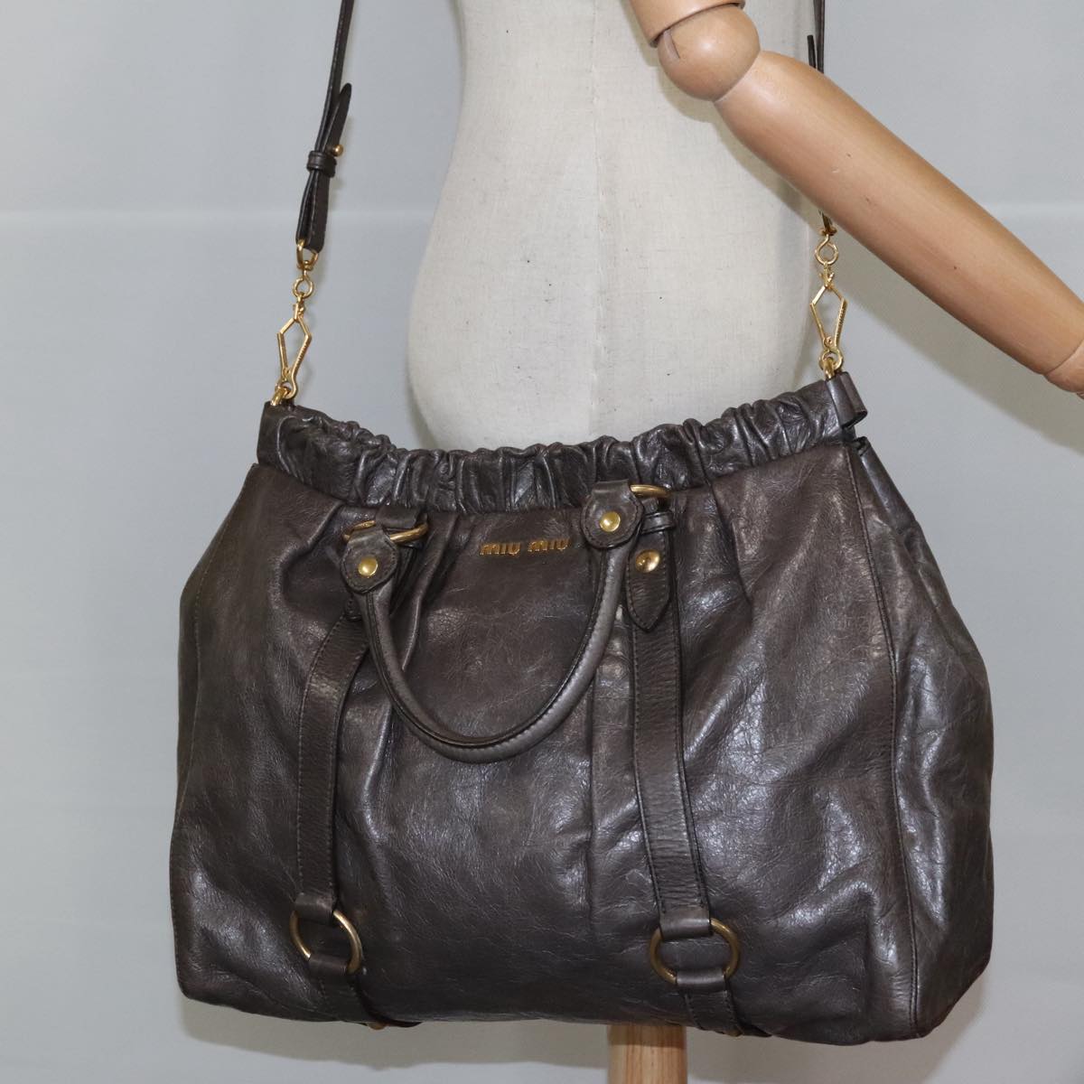 Miu Miu Tote Bag Leather 2way Gray Gold Auth am7203